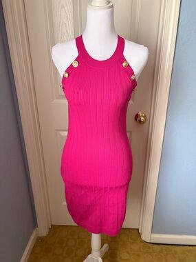 Sincerely Jules Hot Pink Ribbed Halter Dress with Gold Buttons
